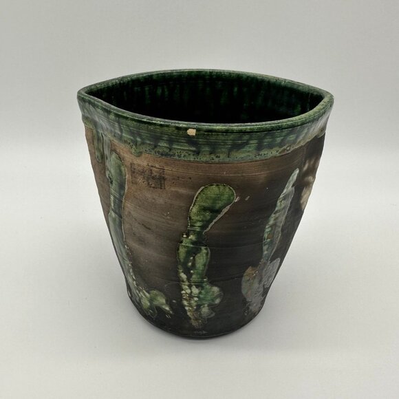 Vintage Raku Pottery Planter Vase Signed St John 99 Black Green Abstract Seaweed - Picture 4 of 10